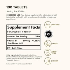 Gluten Free Vitamin B1 Thiamin 500 mg – Nourish Energy and Nerves – 100 Tablets