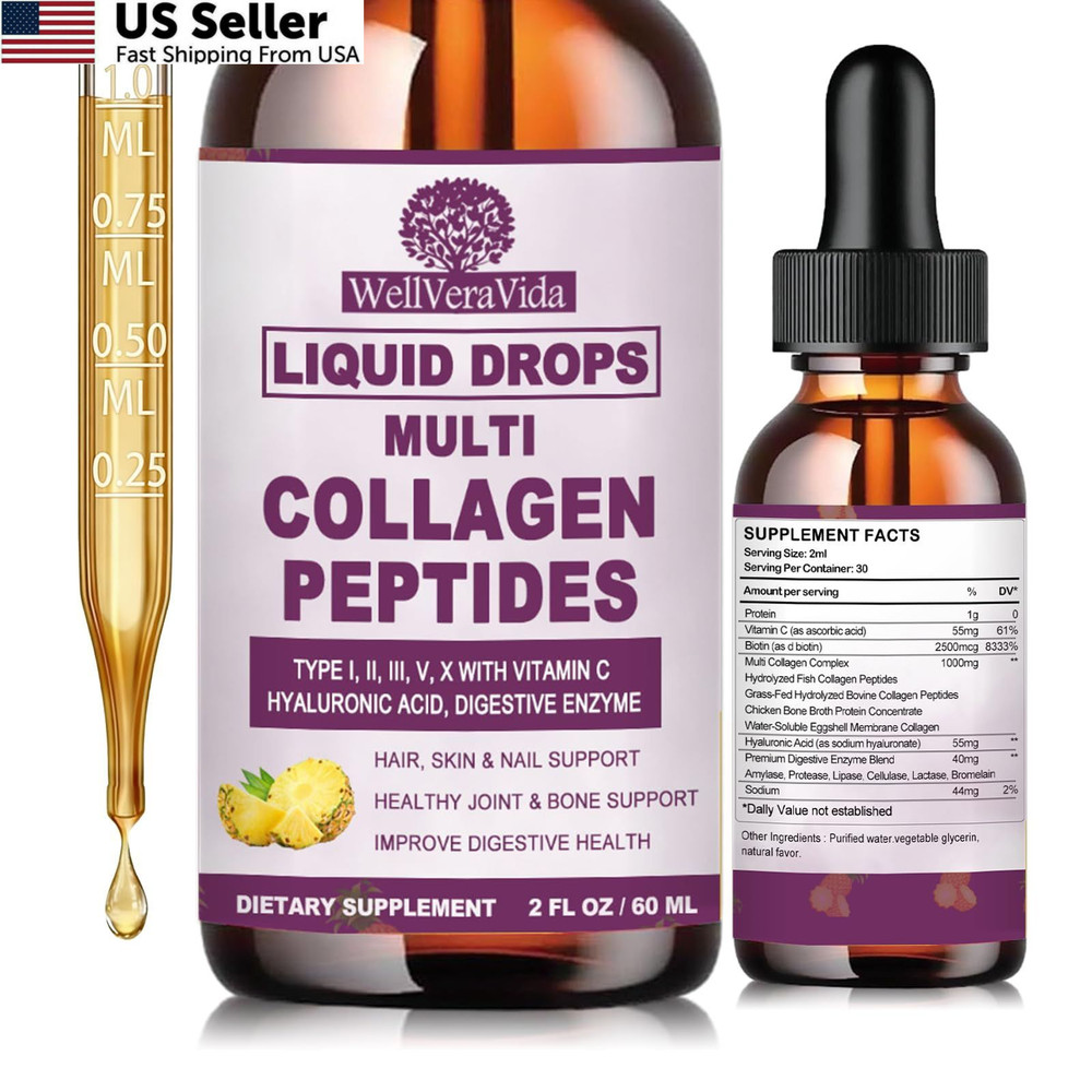 Multi Collagen Peptide Liquid Drops Hydrolyzed Types I II III V X Supplement USA