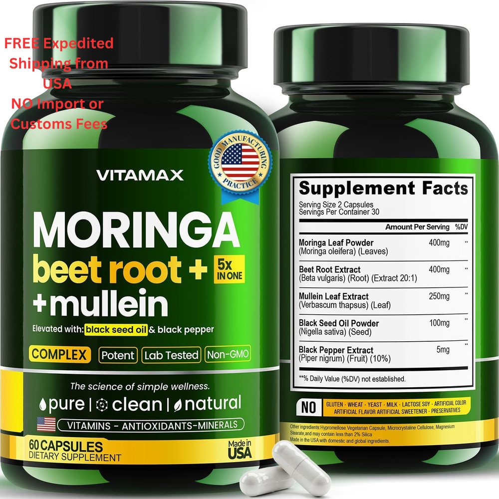 Moringa Capsules, Beet Root, Mullein Leaf – Energy, 60 Count (Pack of 1)